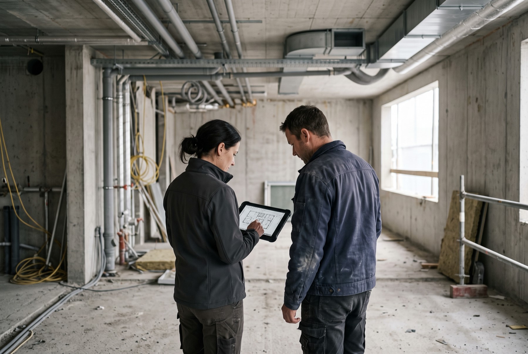Fachplanerin und Polier vergleichen einen Installationsplan auf dem Tablet im Rohbau