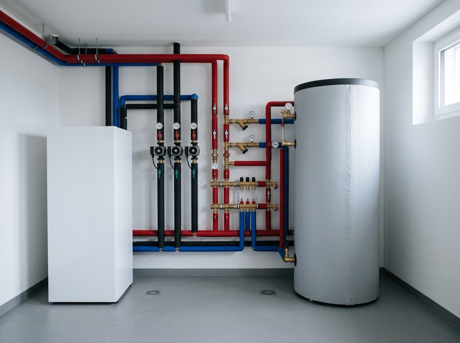 Heizzentrale mit Pufferspeicher, Wärmepumpe und Verteiler mit Pumpen und Armaturen