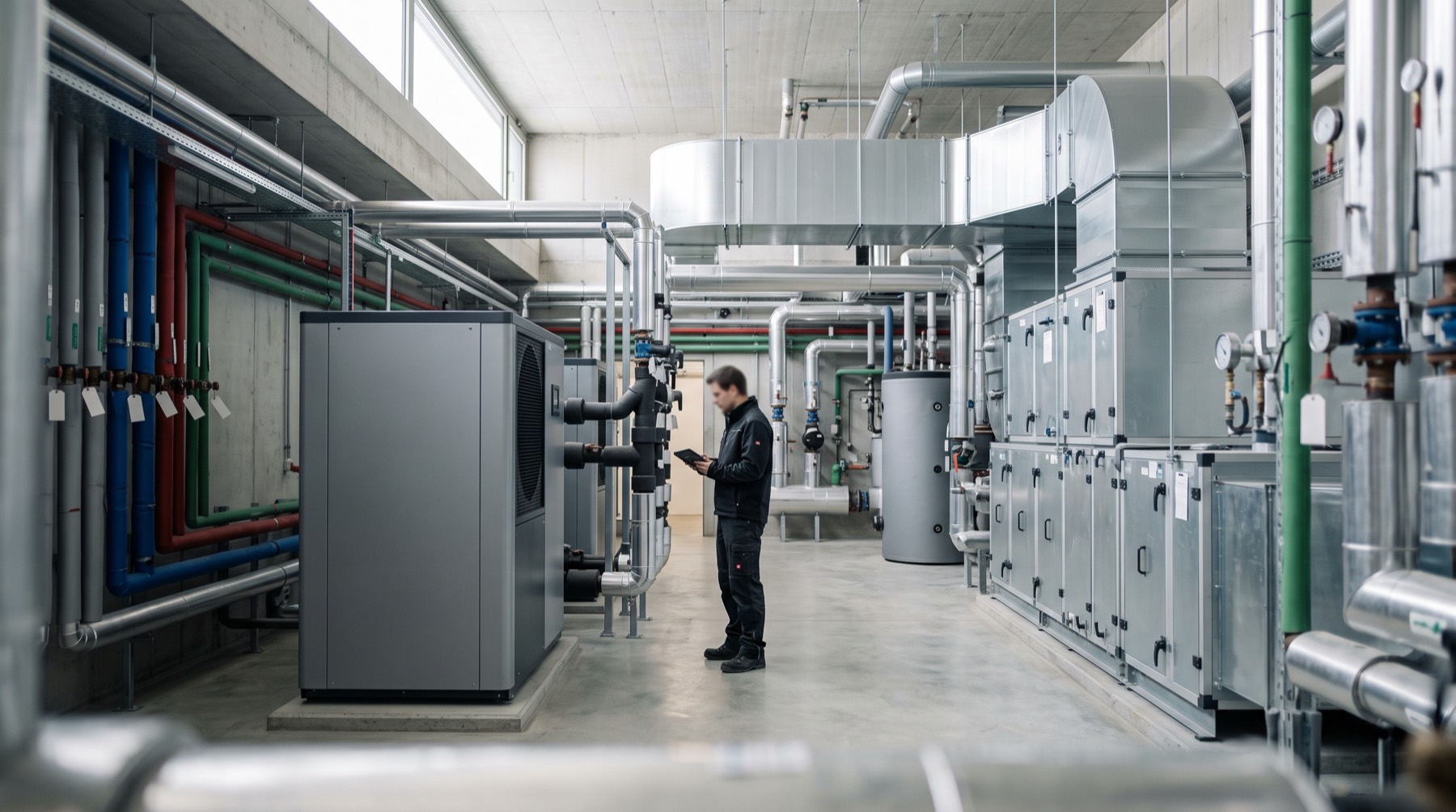 Plant room with a heat pump and air-handling units, an engineer with a tablet checks the installation