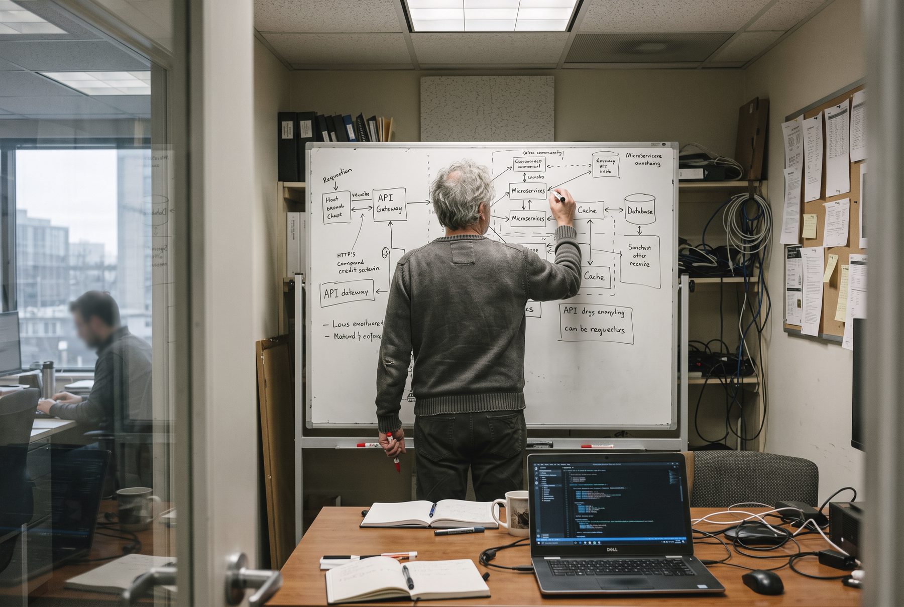 Engineer skizziert ein Architekturdiagramm an einem Whiteboard, mit dem Rücken zur Kamera