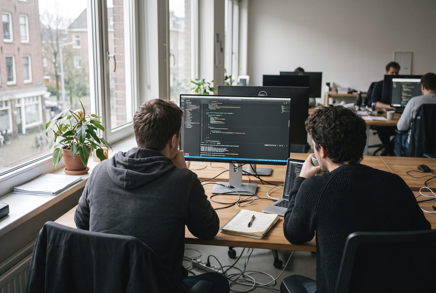 Zwei Software-Entwickler prüfen Code an einem grossen Bildschirm, von hinten gesehen, Laptop und Notizbuch auf dem Tisch