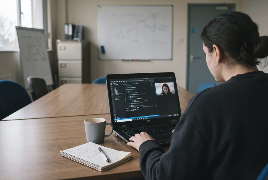 Laptop auf einem Tisch in einem ruhigen Besprechungsraum, auf dem Bildschirm ein geteilter Code-Editor und ein Videofenster, über die Schulter gesehen