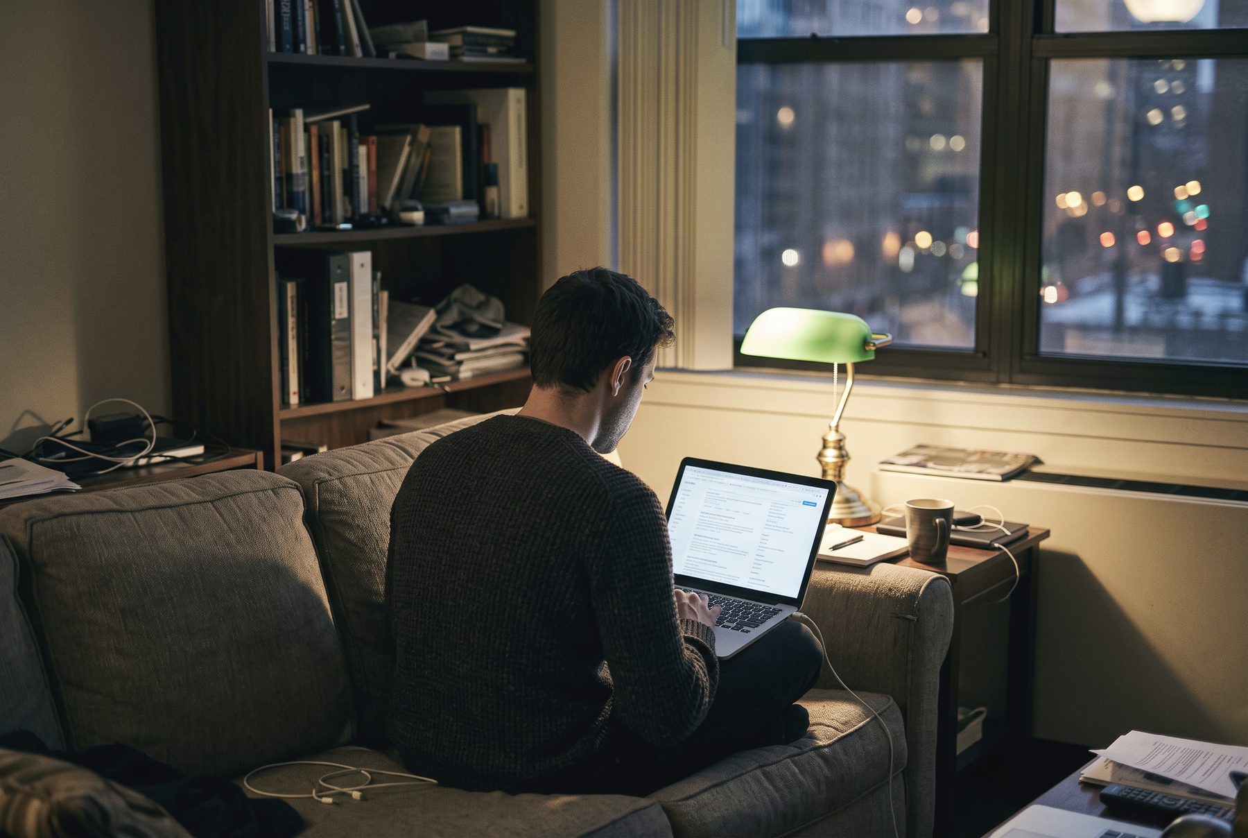 Software-Entwickler liest abends zuhause auf dem Sofa Stellenanzeigen auf dem Laptop, von hinten gesehen
