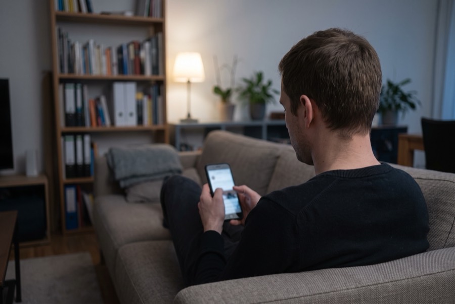 Gebäudetechniker liest abends zuhause auf dem Sofa Stellenanzeigen auf dem Smartphone, von hinten gesehen