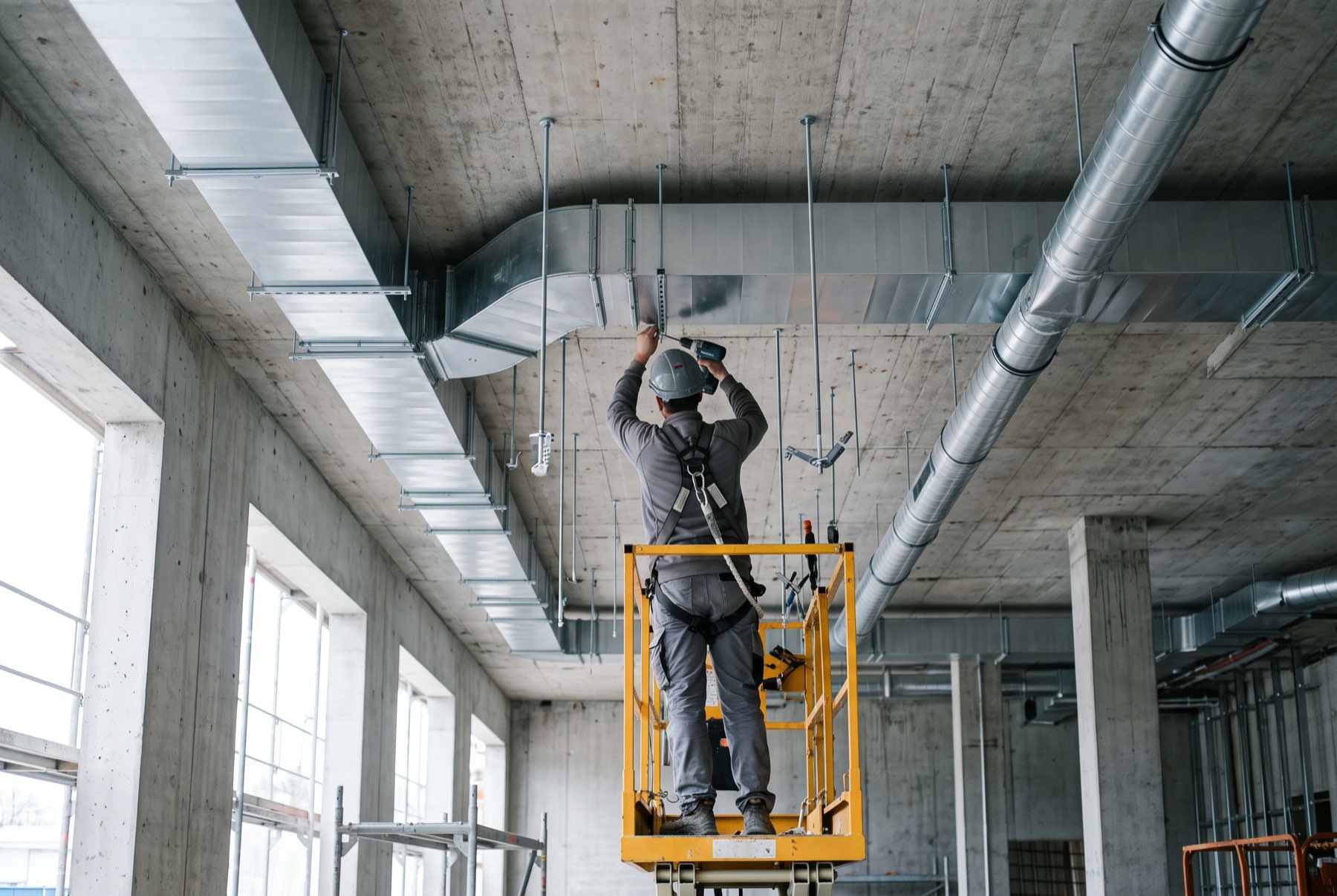 Monteur auf einer Hebebühne befestigt Lüftungskanäle unter einer Betondecke im Rohbau