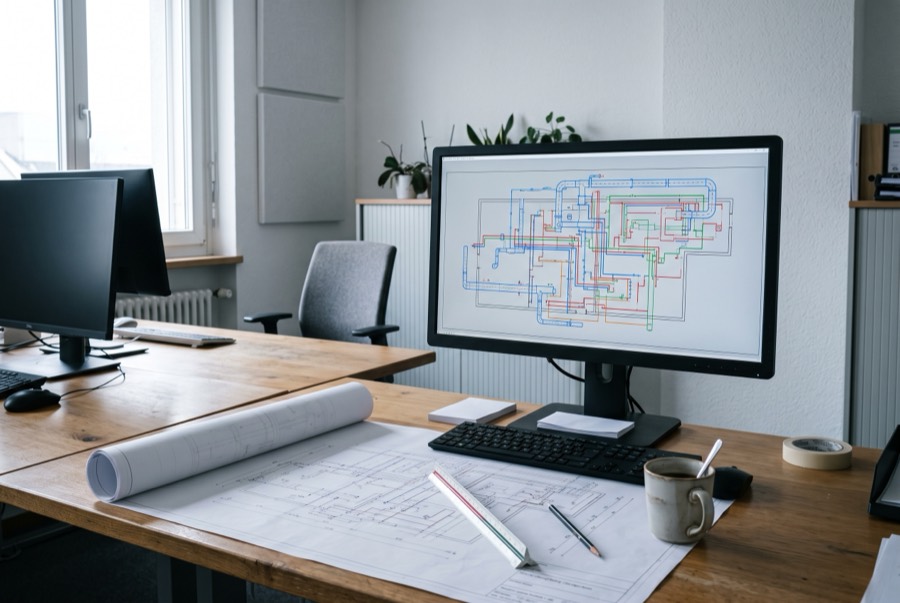 Arbeitsplatz im Planungsbüro mit HLKS-Plan am Bildschirm und ausgerollten Plänen auf dem Tisch