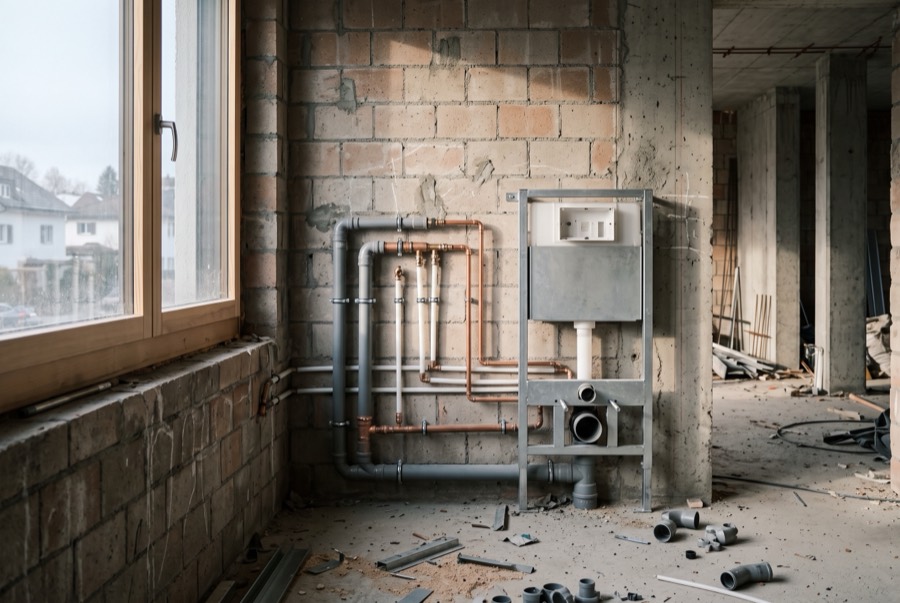 Sanitär-Rohinstallation mit Vorwandelement, Kupfer- und Verbundrohren an einer Backsteinwand im Morgenlicht