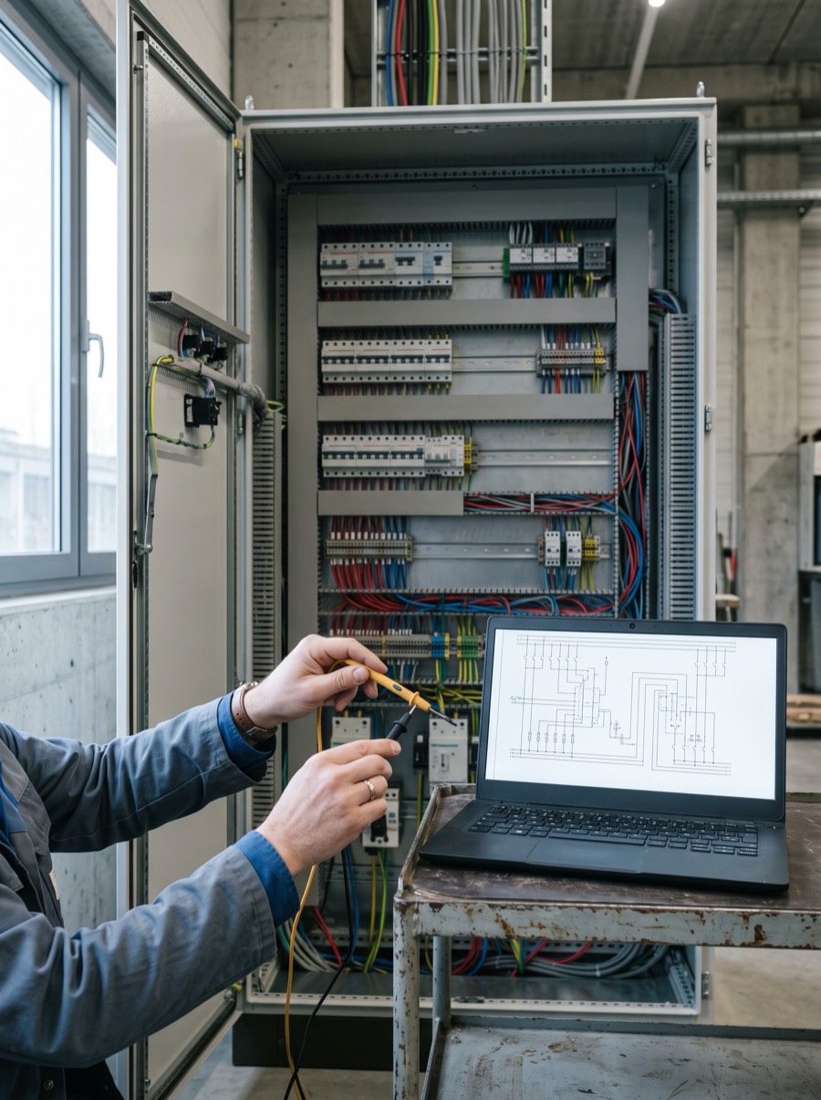An electrical planner's hands taking measurements at a wired switchboard, a laptop with a schematic beside it