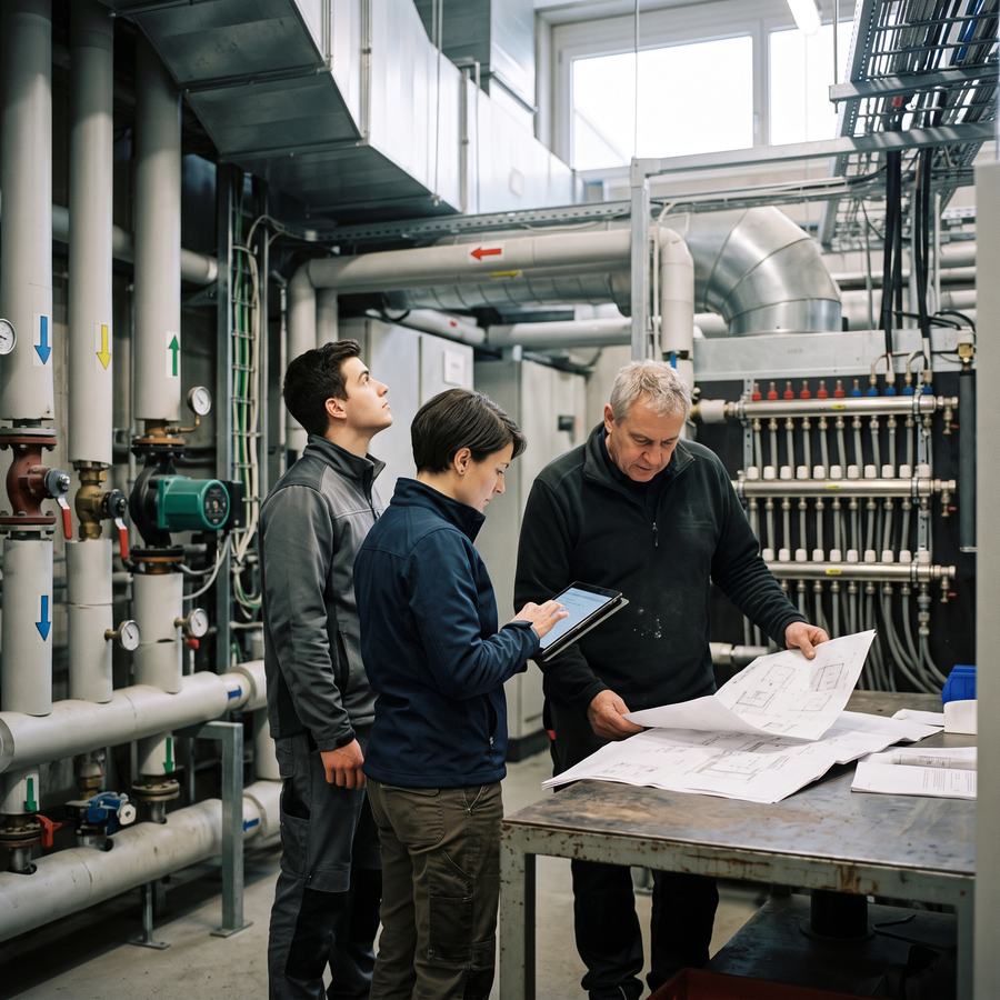 Three building-services specialists, one woman and two men, discuss a plan and a tablet in a plant room