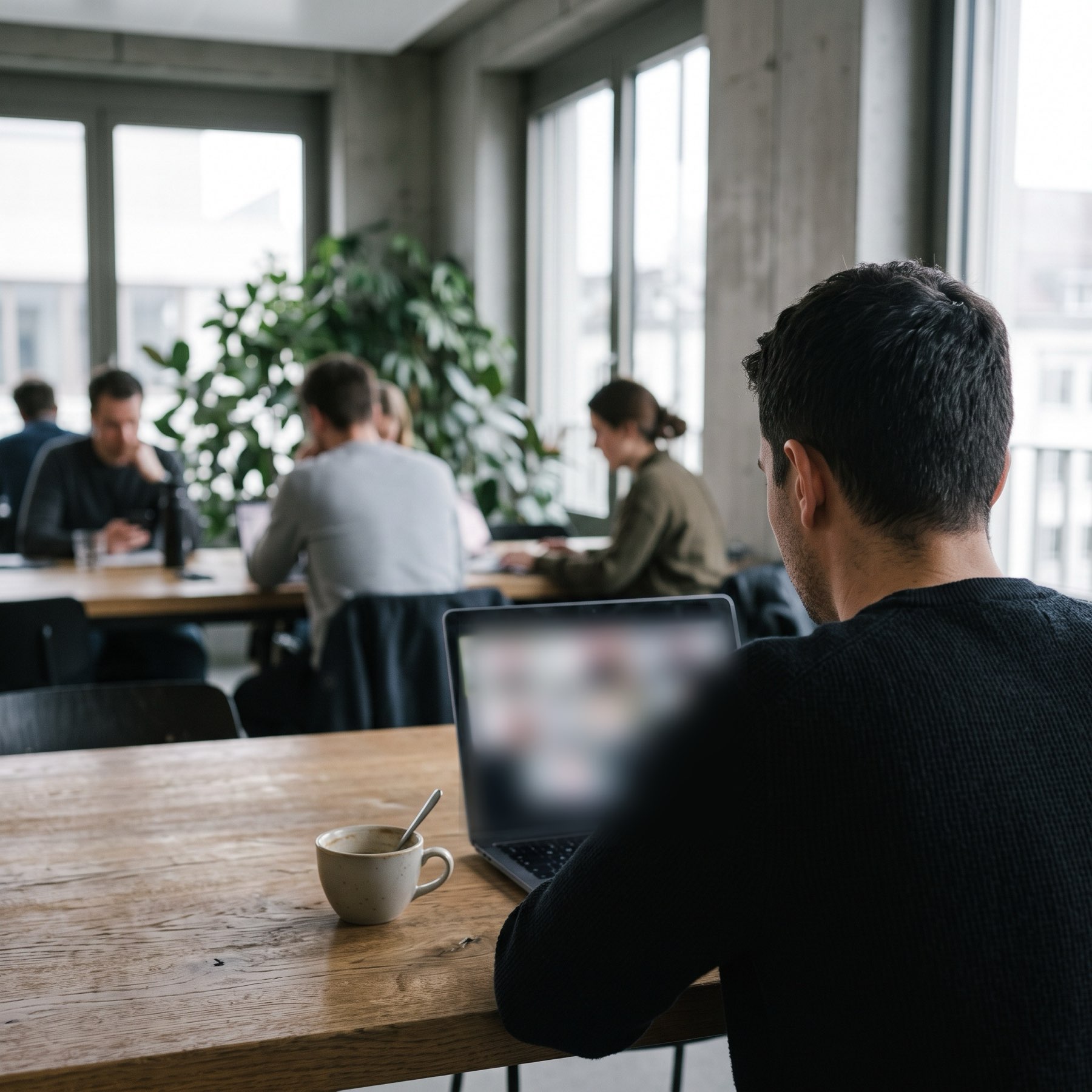 Videocall am Laptop in einem Co-Working-Space in Zürich, über die Schulter gesehen, Bildschirm unscharf
